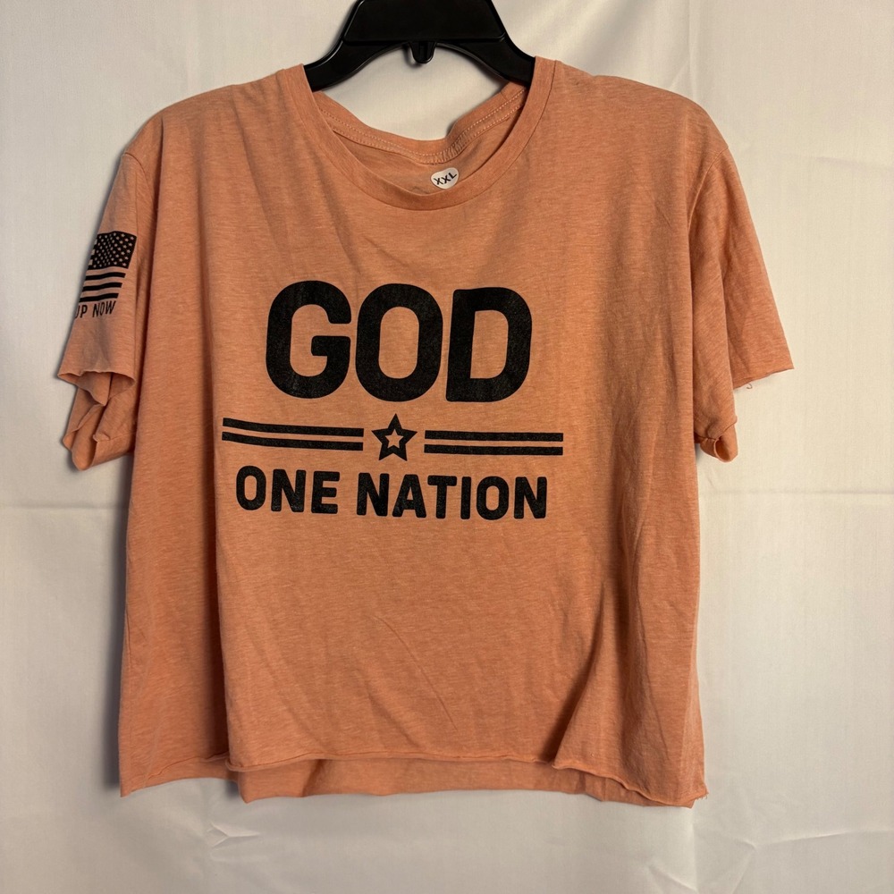 Stand Up Now God One Nation Graphic T-Shirt Peach XXL Patriotic Raw Hem Tee